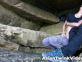 A young Asian and white gay couple having sex in a lake.