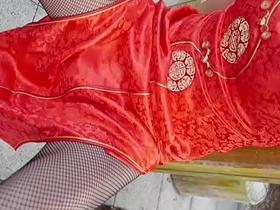 Japanese crossdresser in qipao stockings, solo boy BDSM scene.